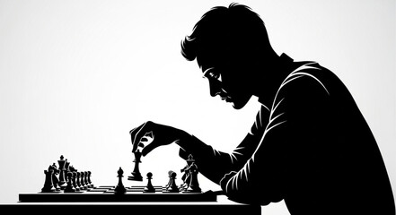 Silhouette of a Man Deep in Thought Playing Chess. © wiwit