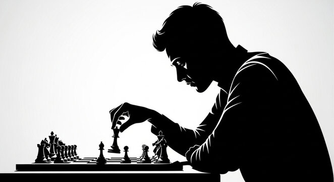 Silhouette of a Man Deep in Thought Playing Chess.