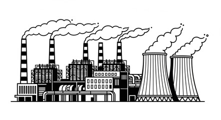 Industrial Power Plant Illustration with Smoke Stacks and Cooling Towers. © wiwit