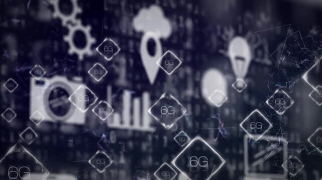 Animation of tech icons over binary code and black background