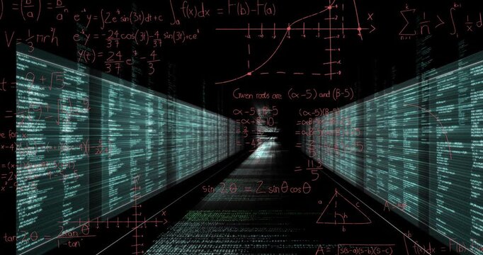 Animation of mathematical equations over data processing on black background