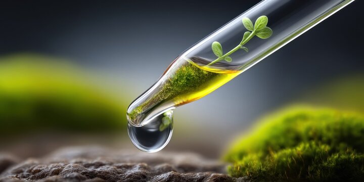 Close-up of a pipette with a green sprout and yellow liquid, symbolizing biotechnology