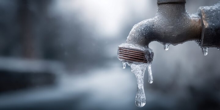 Frozen water faucet with icicles and dripping water in cold weather