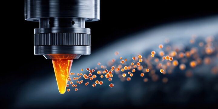 Advanced nanotechnology machine creating microscopic spheres with glowing orange liquid