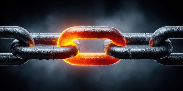 Close-up of a strong metal chain with one glowing red-hot link symbolizing connection and power