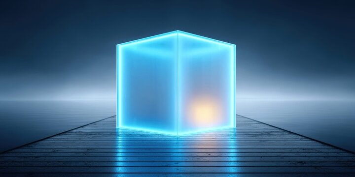 Glowing blue cube on a wooden pier over calm water, abstract futuristic concept