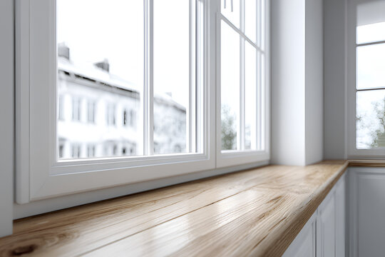 Interior perspective capturing a wooden windowsill and a bright, expansive window framing a snowy scene. Clean, minimal design