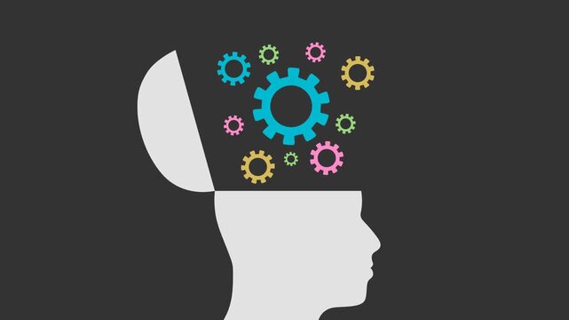 Human head with gear wheels. Productivity, effectiveness concept. Intelligence and knowledge development with brain performance. Gears and technical wheels as thoughts.