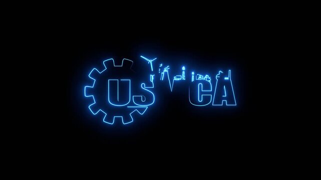 USMCA - United States Mexico Canada Agreement. Decorated USMCA acronym. Heavy industry and business concept. Thin line style gears with industrial icons. Neon glowing.