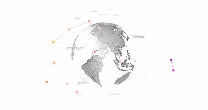 Animation of connected dots and changing numbers around globe against white background