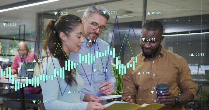 Animation of multiple graphs with changing numbers over diverse coworkers discussing reports