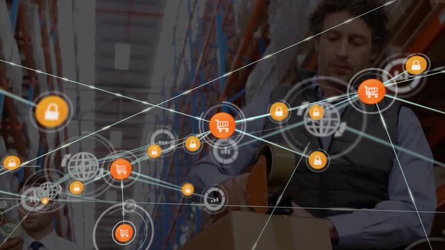 Animation of connected icons over caucasian coworker sealing cardboard box using tape in warehouse