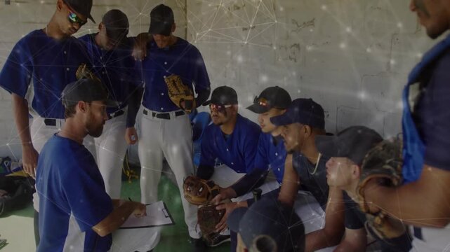 Baseball team strategizing in dugout with network connections animation overlay