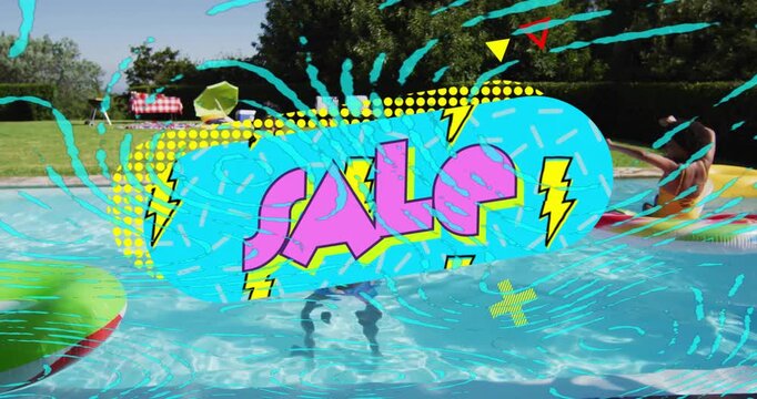 Colorful Sale text animation over pool scene with playful summer graphics