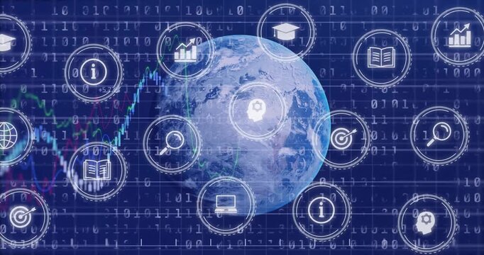 Concept showing semi-transparent Earth globe hovering on binary grid with floating icons and graphs
