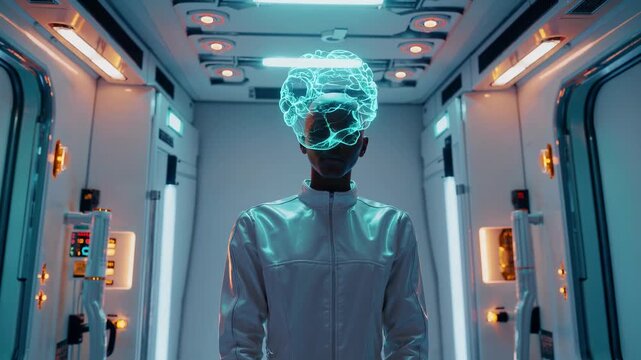man stands in corridor beneath hologram brain. technology and ai elements surround suit and display. innovation and futurism inform concept. experiment equipment frames laboratory environment.