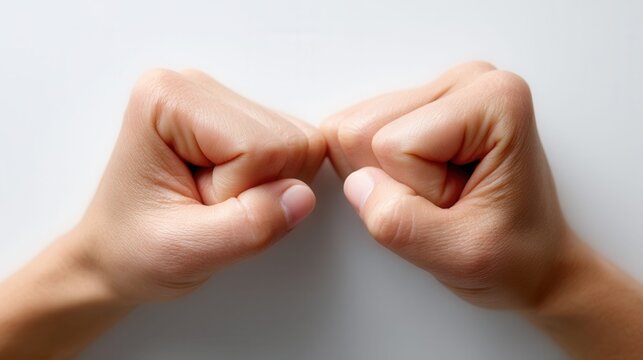 Two clenched fists touching in the center against a clean white background