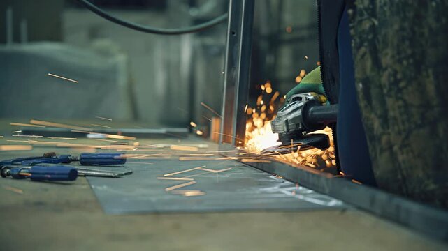 Industrial worker using angle grinder on metal