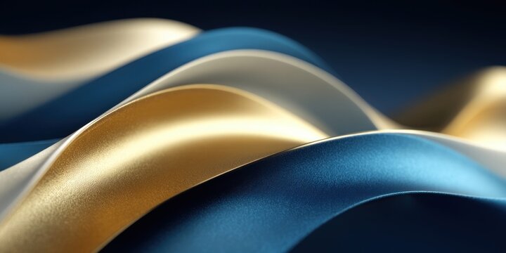 Elegant flowing ribbons of gold, white, and blue silk create a luxurious abstract background