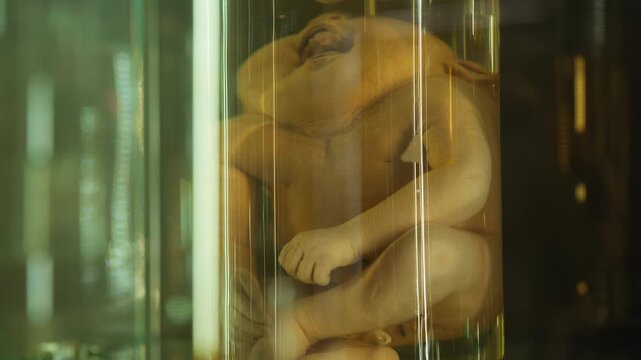 A human infant body with the pathological development of anencephaly in the water.