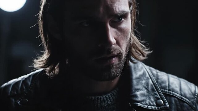 Dramatic portrait of man with beard in dark leather jacket