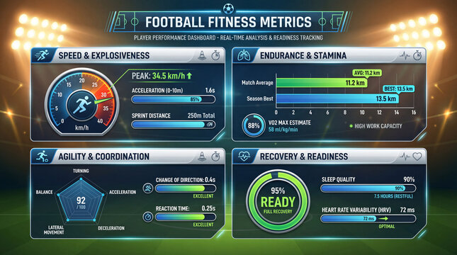 Football fitness metrics track readiness. Fitness dashboard shows speed, stamina, agility, recovery, sprint data, endurance metrics for coaching analysis, player monitoring, sports performance review