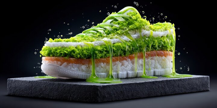Creative sushi sneaker sculpture with dripping green sauce and water droplets