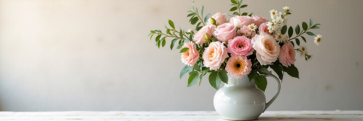 Obraz premium Pastel pink rose bouquet in a vintage ceramic jug on a rustic wooden table. Minimal spring floral banner with copy space for text
