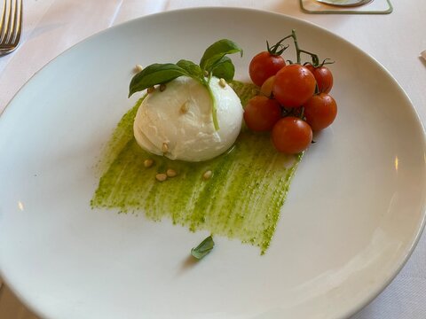 Burrata mit Tomaten und gr&uuml;nem Pesto auf Teller, modern angerichtet, frisches Vorspeisengericht im Restaurant, stilvolle Foodaufnahme mit Copyspace