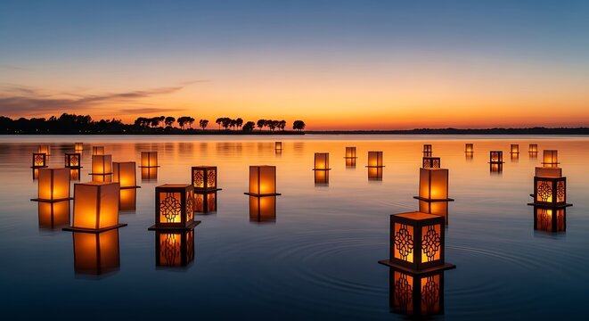 Floating lanterns illuminate a tranquil lake at sunset.