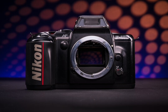 Gothenburg, Sweden - October 27 2024: Vintage Nikon F401 film camera body with creative studio bokeh background.