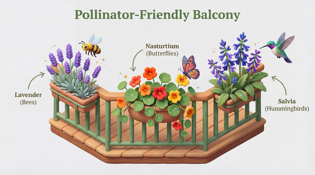 Pollinator balcony supports garden biodiversity. Planter layout pairs lavender, nasturtium, salvia with bee, butterfly, hummingbird visits, showing pollinator habitat for city gardening, balcony plan