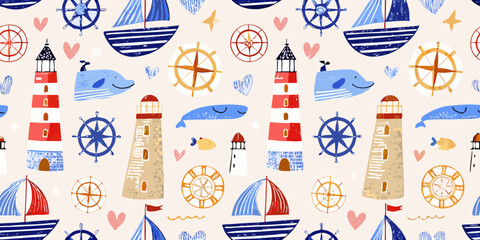 Nautical themed seamless pattern with sailboats lighthouses and marine life © Roni