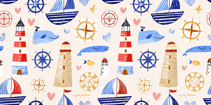 Nautical themed seamless pattern with sailboats lighthouses and marine life