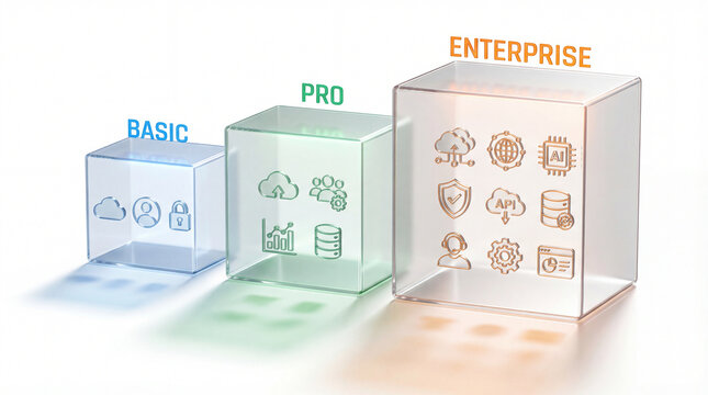 Service tier graphic compares platform options. Transparent cubes rank basic, pro, enterprise features, showing tier growth across cloud, security, analytics, automation, support, business planning