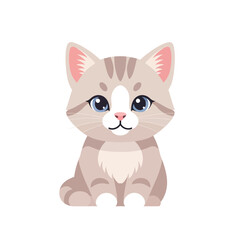 Fototapeta premium Cute cartoon tabby kitten sitting, looking at the camera, isolated on white background