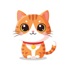 Fototapeta premium Cute Orange Tabby Cat Character with Big Eyes, Wearing a Red Collar, Vector Illustration