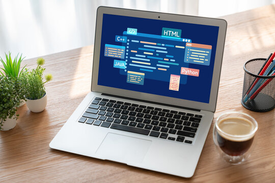 Software development or programming work with coding screen of various programming languages like HTML, , , and C brisk for new application development