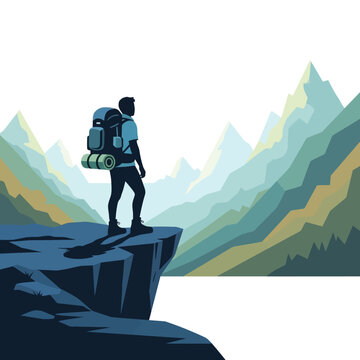 Hiker on cliff edge overlooking mountain range, adventure, exploration, nature