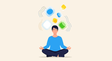 Obraz premium Person meditating with health and wellness symbols floating above