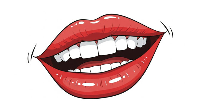 Illustration of a smiling mouth with bright red lips and white teeth.