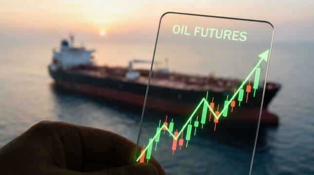 Oil futures trading graph with upward trend and tanker ship in background symbolizing middle east escalation impact on energy market growth