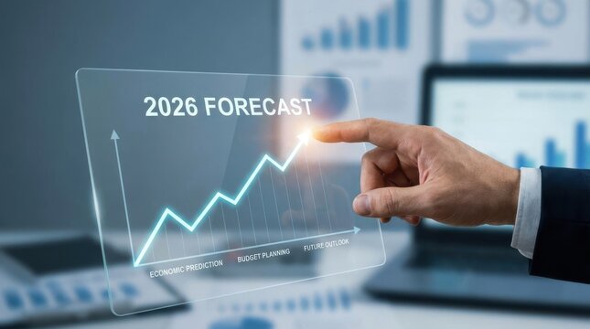 Closeup Businessman Hand pointing at 06 Forecast line, representing economic prediction, budget planning, future outlook, and strategic estimation.