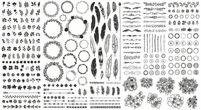 Hand-drawn vector design elements set botanical wreaths, elegant feathers, intricate borders, and decorative dividers for various creative graphic projects