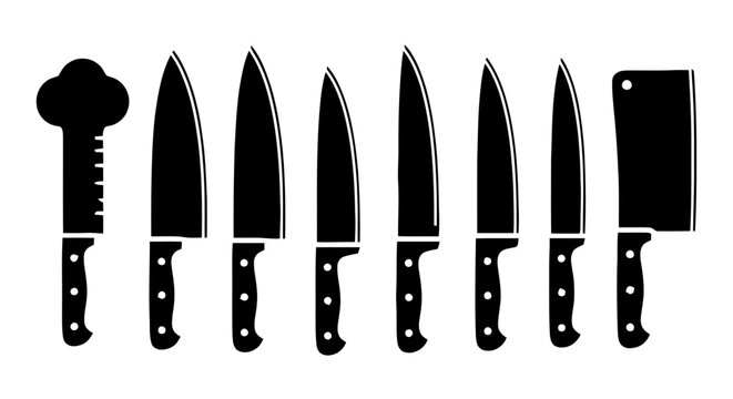 Vector illustration&nbsp;of set of kitchen knives silhouettes on a transparent background