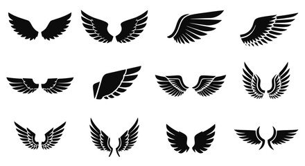 Obraz premium Vector illustration&nbsp;of set of various black wing silhouettes on a transparent background