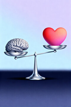 brain and heart on balance scale logic versus emotion decision concept
