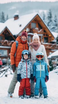 Happy family posing on winter vacation at ski resort