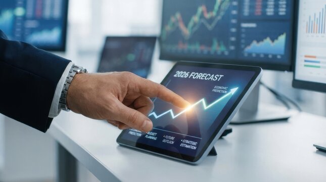 Closeup Businessman Hand pointing at 06 Forecast line, representing economic prediction, budget planning, future outlook, and strategic estimation.