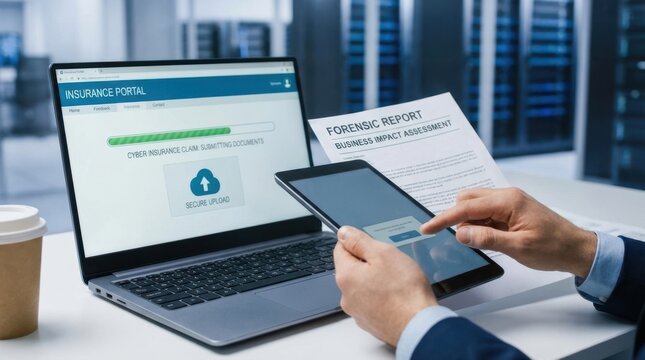 Cyber insurance claim process with a hand submitting forensic report and business impact assessment documents through an insurer's digital portal.